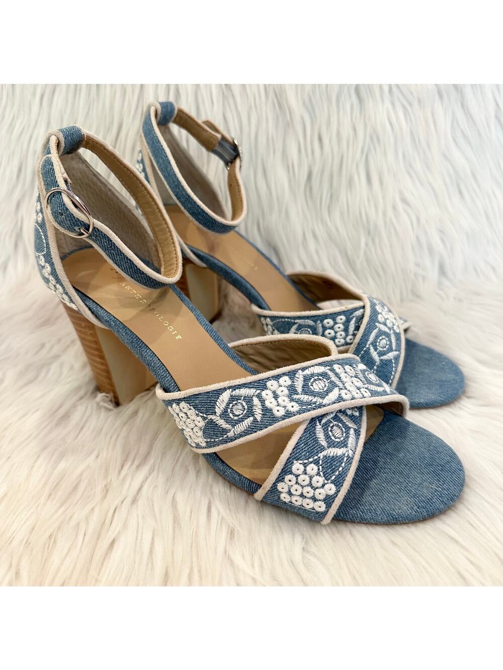 Anthropologie Criss Cross Heeled Sandals Floral Embroidered Boho Cottagecore